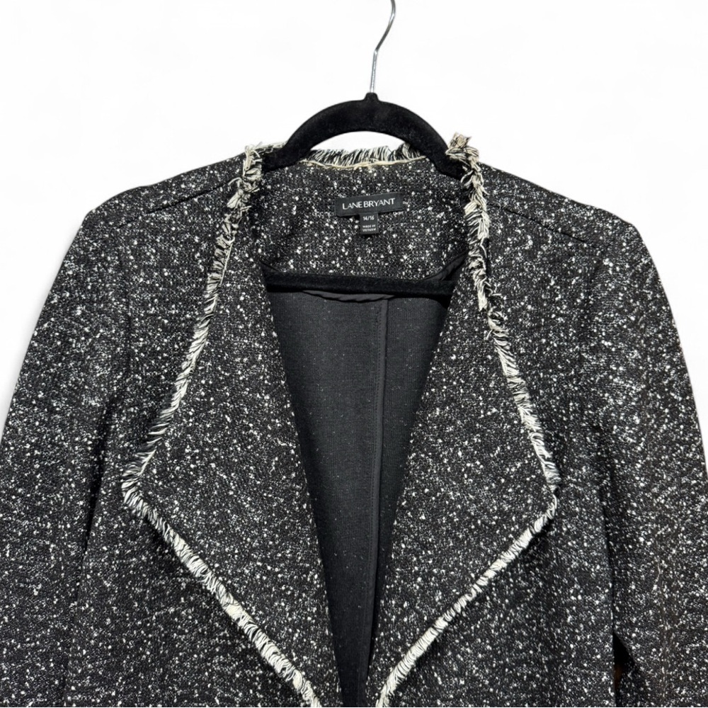 Lane Bryant Fringe Trim Open Front Jacket Cardigan Black White Marled Size 14/16 - Picture 4 of 9